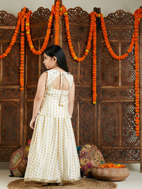 Girl's' Cream And Gold Jacquard Lehenga
